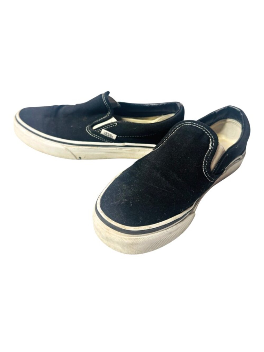 Vans Black Low Top Sneakers Womens 7.5 Mens 6 Canvas White Stitch Slip On Shoes - Picture 5 of 6